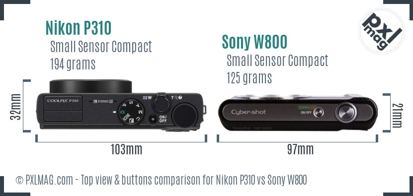 Nikon P310 vs Sony W800 top view buttons comparison