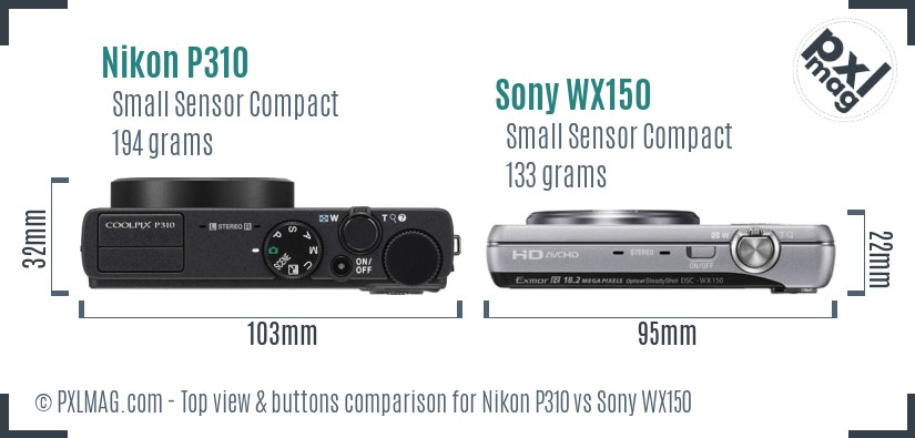 Nikon P310 vs Sony WX150 top view buttons comparison