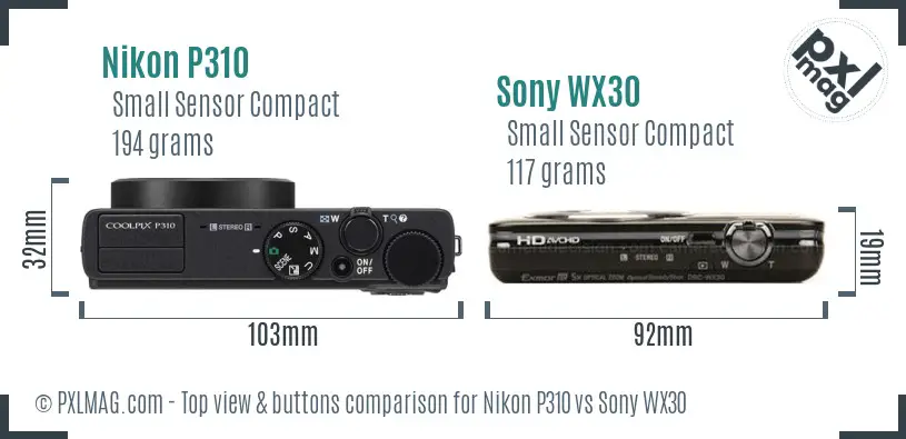 Nikon P310 vs Sony WX30 top view buttons comparison Nikon P310 vs Sony WX30 top view buttons comparison