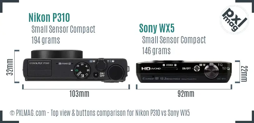 Nikon P310 vs Sony WX5 top view buttons comparison