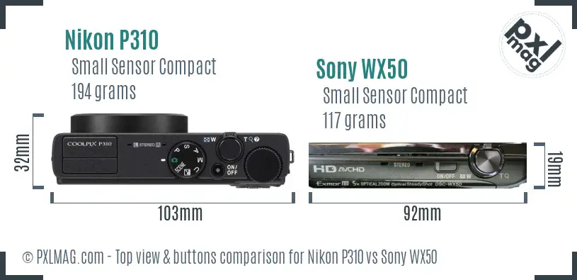 Nikon P310 vs Sony WX50 top view buttons comparison