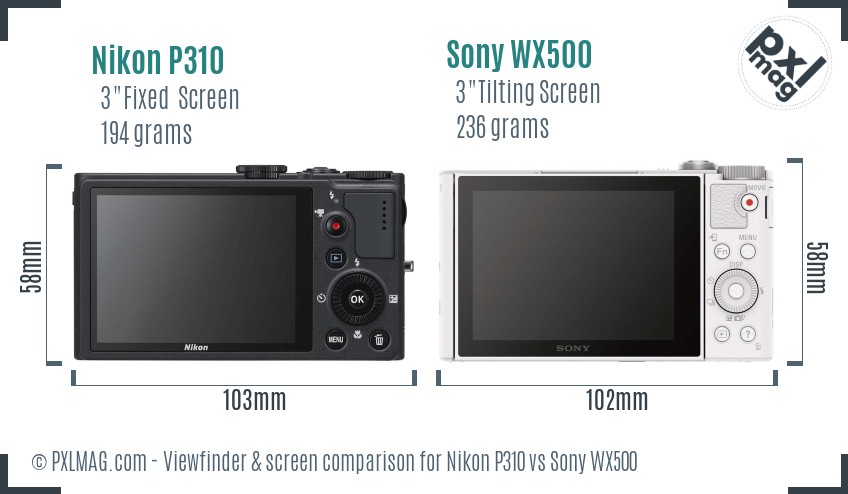 Nikon P310 vs Sony WX500 Screen and Viewfinder comparison