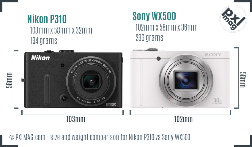 Nikon P310 vs Sony WX500 size comparison Nikon P310 vs Sony WX500 size comparison