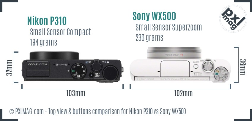 Nikon P310 vs Sony WX500 top view buttons comparison