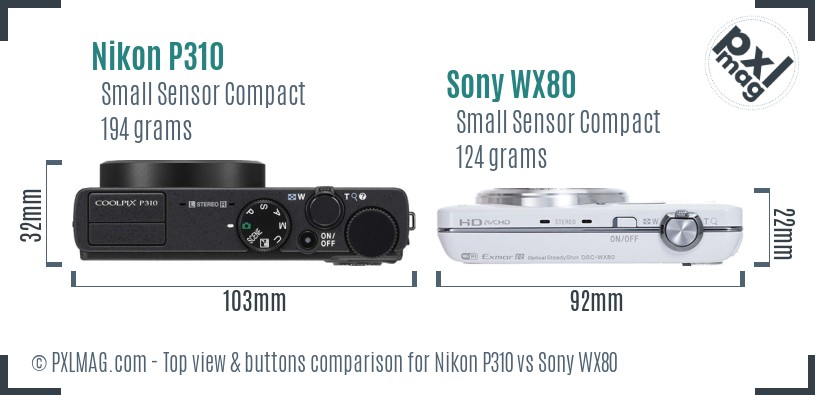 Nikon P310 vs Sony WX80 top view buttons comparison