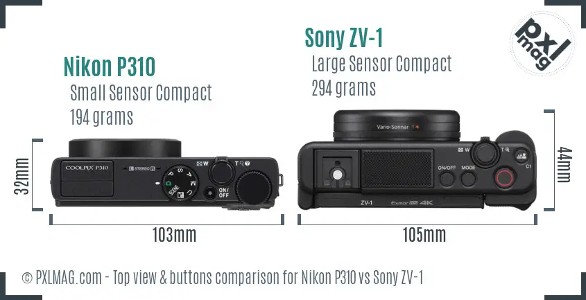 Nikon P310 vs Sony ZV-1 top view buttons comparison