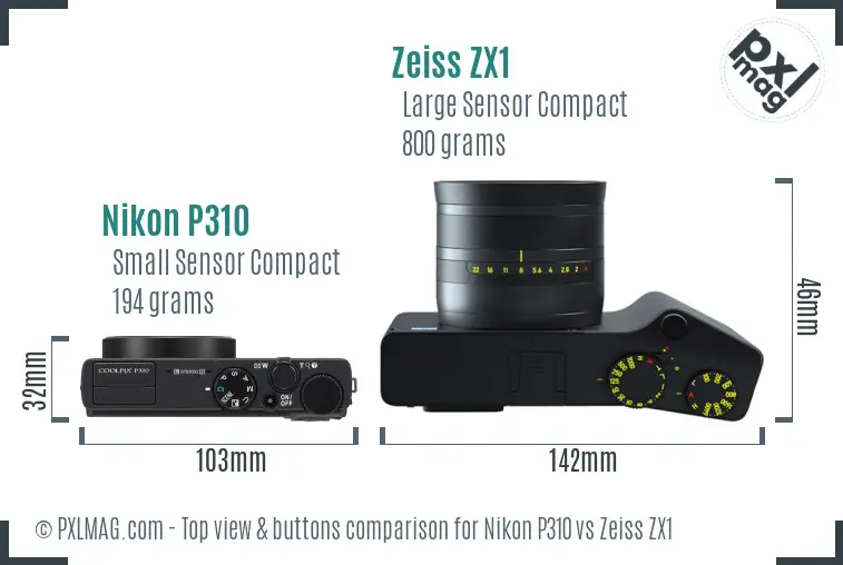 Nikon P310 vs Zeiss ZX1 top view buttons comparison