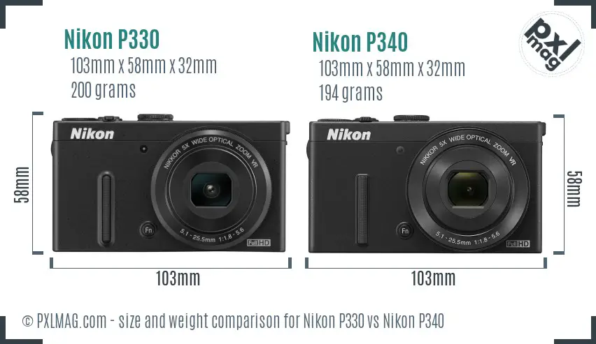 Nikon P330 vs Nikon P340 size comparison