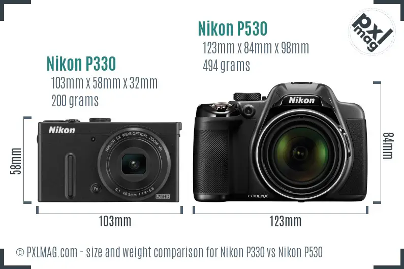 Nikon P330 vs Nikon P530 size comparison