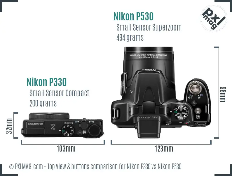 Nikon P330 vs Nikon P530 top view buttons comparison