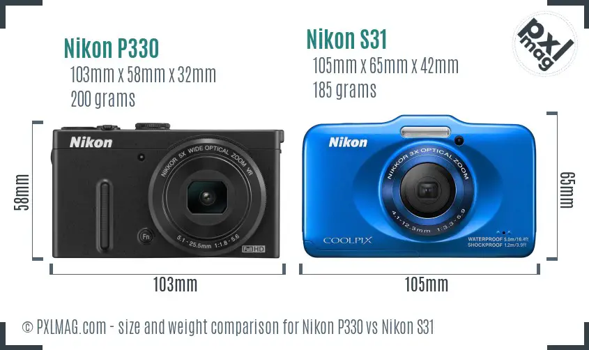 Nikon P330 vs Nikon S31 size comparison