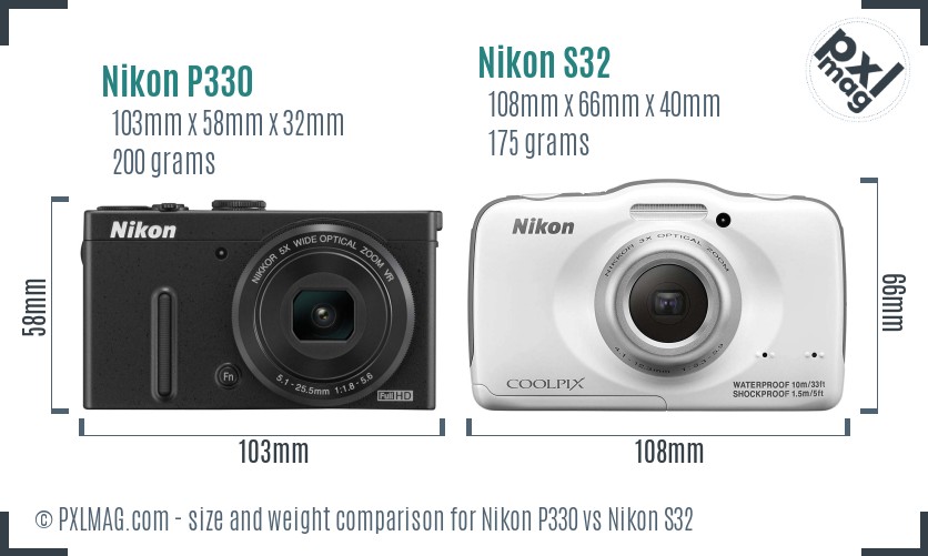 Nikon P330 vs Nikon S32 size comparison