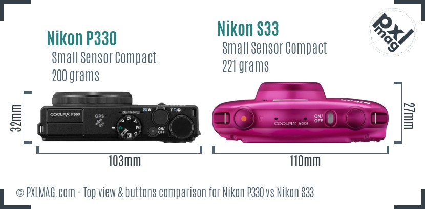 Nikon P330 vs Nikon S33 top view buttons comparison