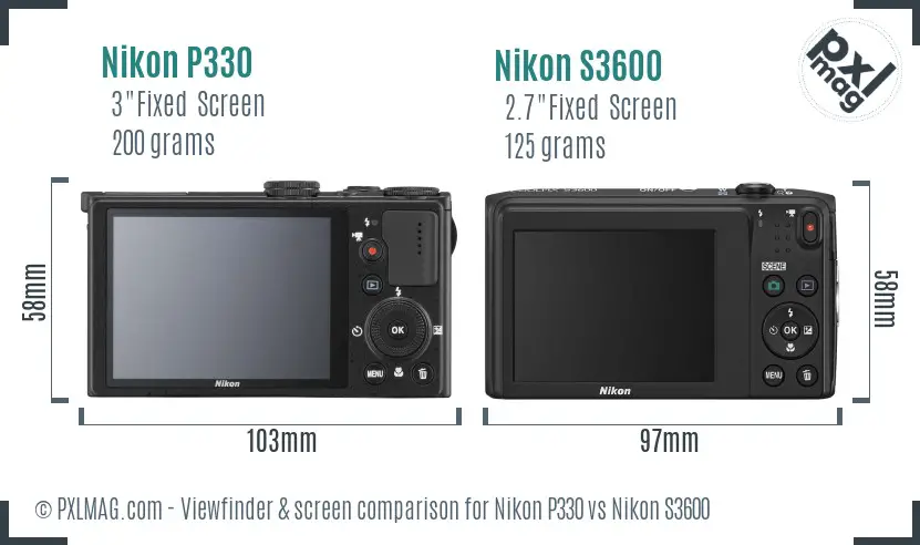 Nikon P330 vs Nikon S3600 Screen and Viewfinder comparison