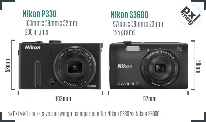 Nikon P330 vs Nikon S3600 size comparison