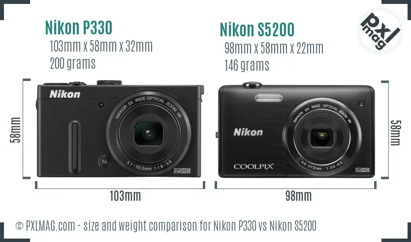 Nikon P330 vs Nikon S5200 size comparison