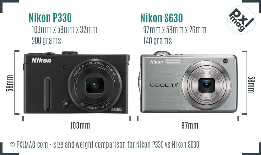 Nikon P330 vs Nikon S630 size comparison
