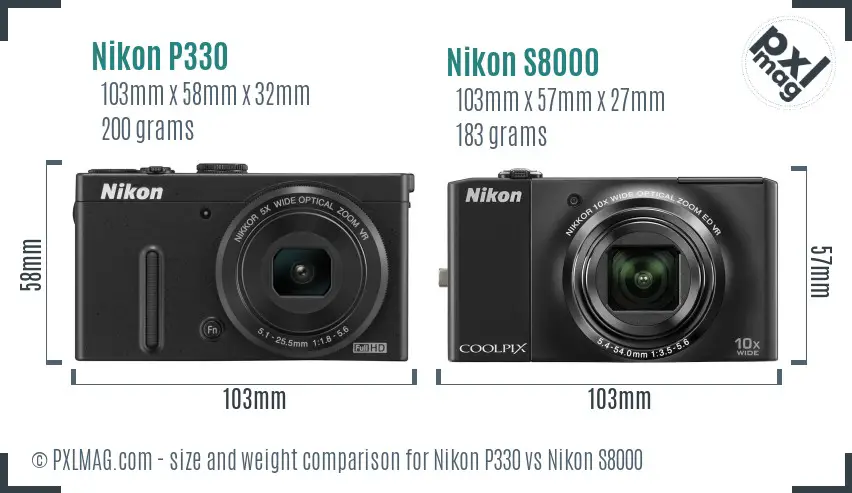 Nikon P330 vs Nikon S8000 size comparison