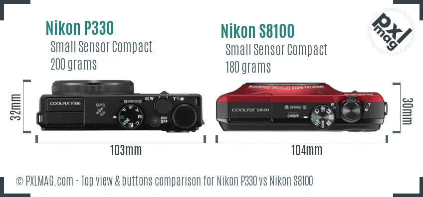 Nikon P330 vs Nikon S8100 top view buttons comparison