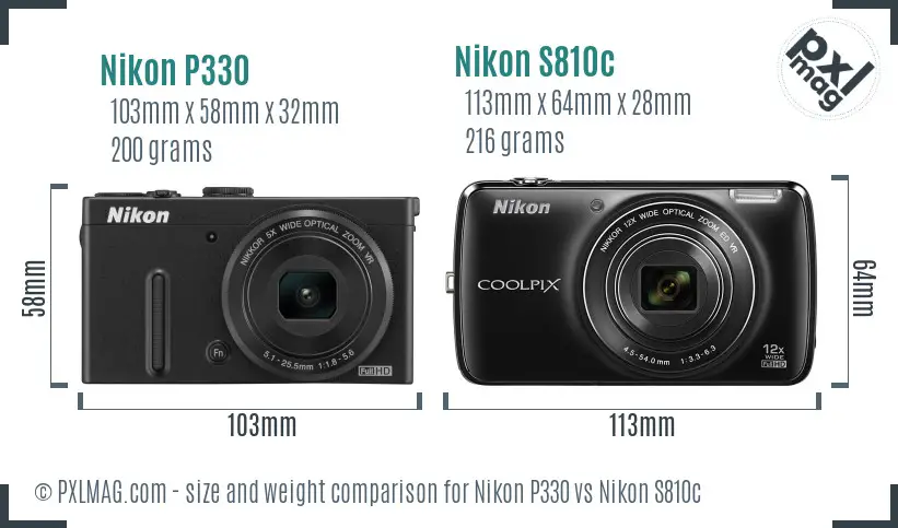 Nikon P330 vs Nikon S810c size comparison