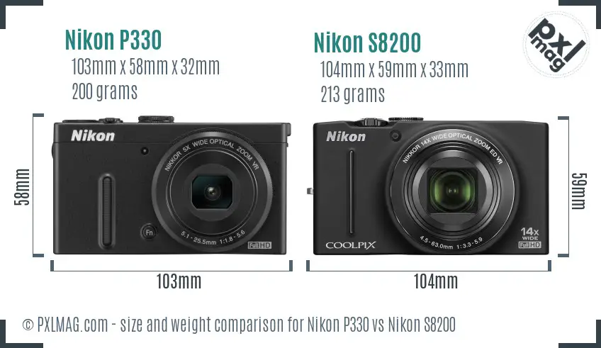 Nikon P330 vs Nikon S8200 size comparison