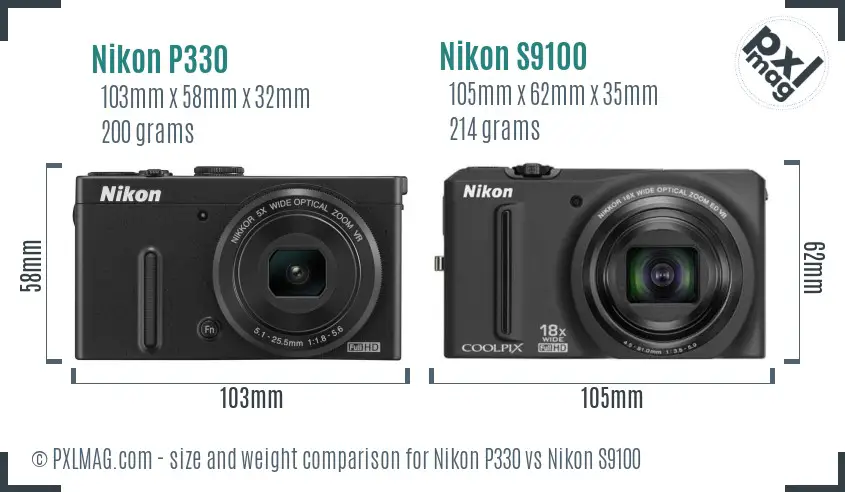 Nikon P330 vs Nikon S9100 size comparison