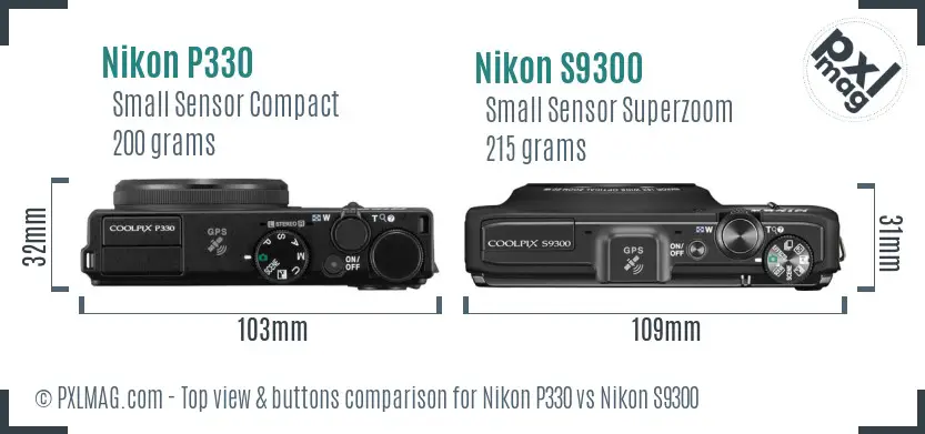 Nikon P330 vs Nikon S9300 top view buttons comparison Nikon P330 vs Nikon S9300 top view buttons comparison