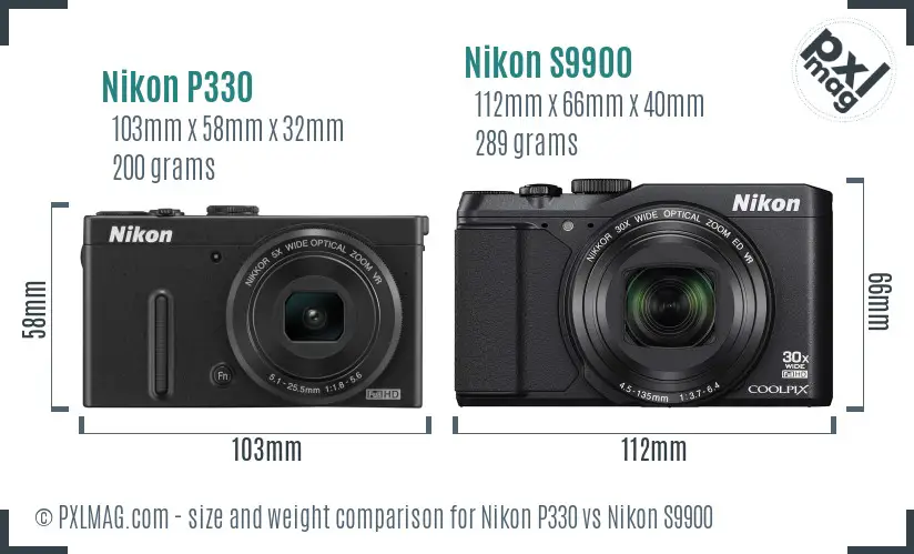 Nikon P330 vs Nikon S9900 size comparison
