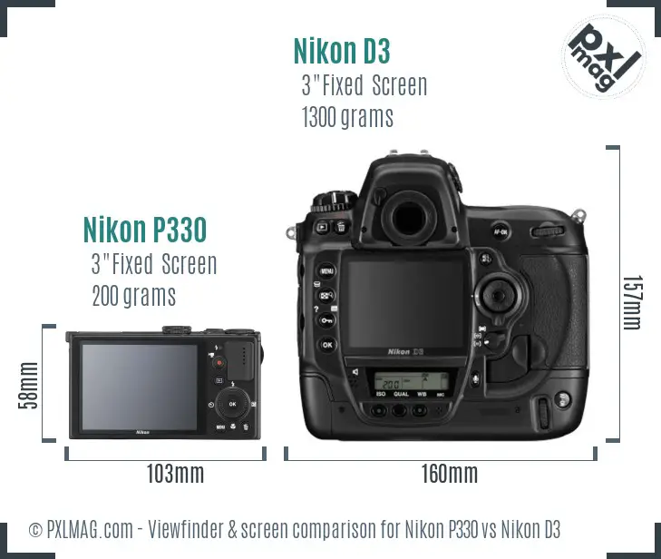 Nikon P330 vs Nikon D3 Screen and Viewfinder comparison