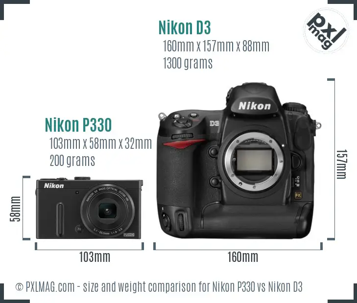 Nikon P330 vs Nikon D3 size comparison