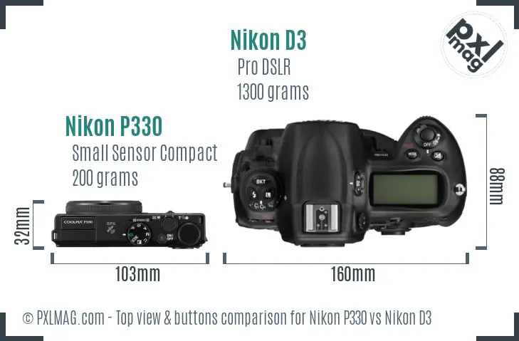 Nikon P330 vs Nikon D3 top view buttons comparison