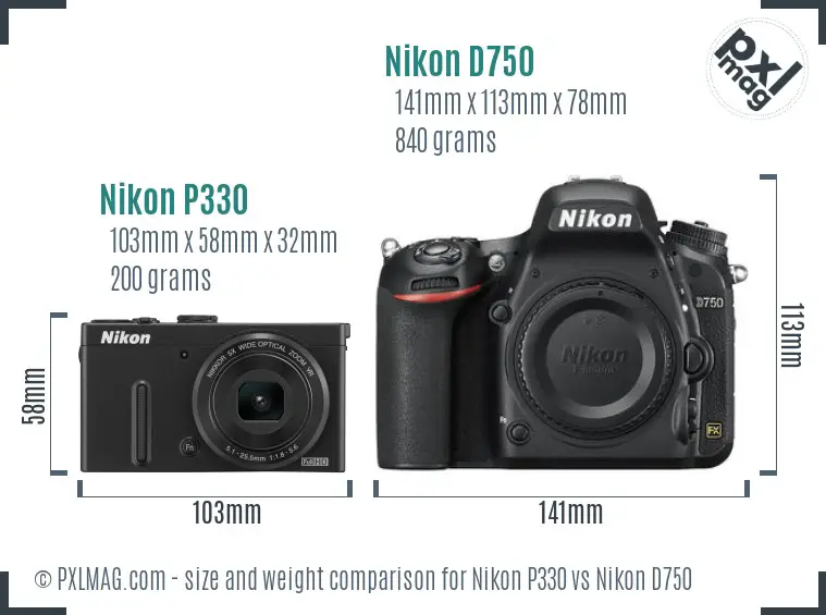 Nikon P330 vs Nikon D750 size comparison