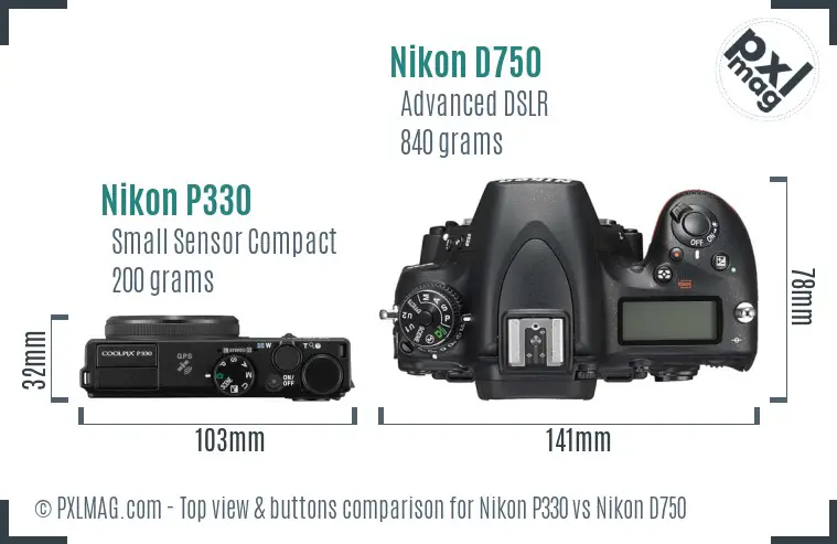 Nikon P330 vs Nikon D750 top view buttons comparison