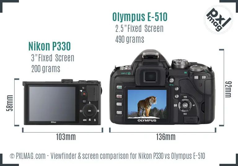 Nikon P330 vs Olympus E-510 Screen and Viewfinder comparison