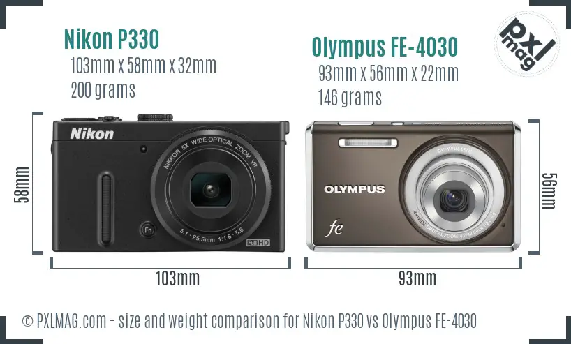 Nikon P330 vs Olympus FE-4030 size comparison