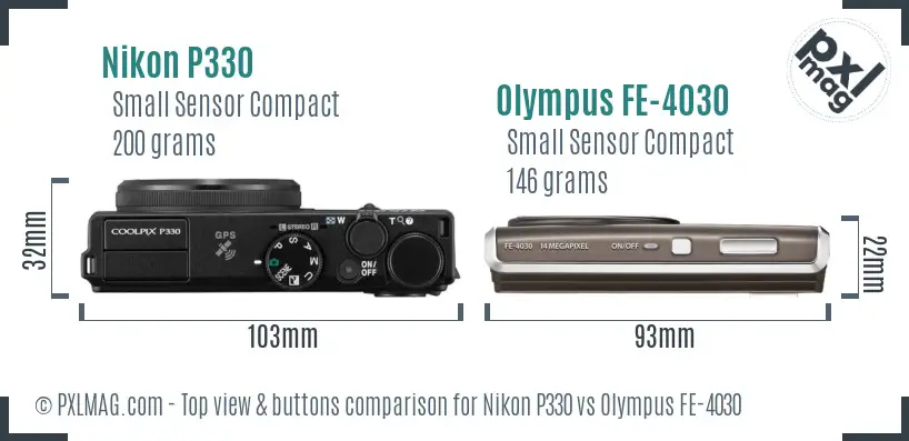 Nikon P330 vs Olympus FE-4030 top view buttons comparison