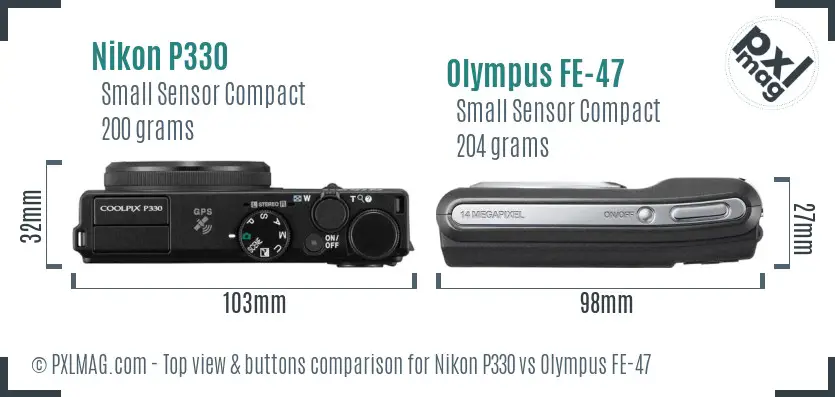 Nikon P330 vs Olympus FE-47 top view buttons comparison Nikon P330 vs Olympus FE-47 top view buttons comparison