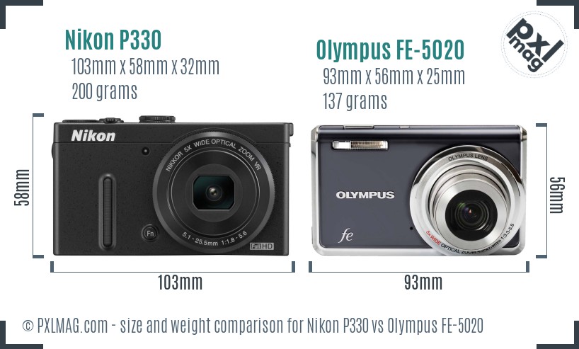 Nikon P330 vs Olympus FE-5020 size comparison