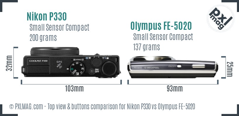 Nikon P330 vs Olympus FE-5020 top view buttons comparison