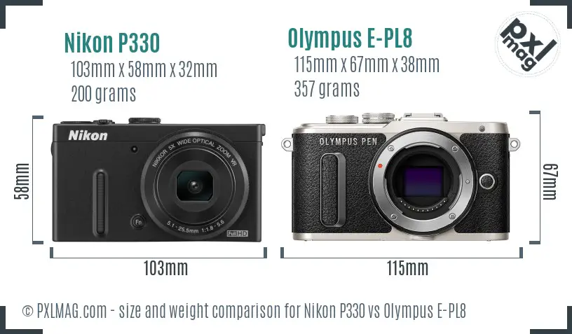 Nikon P330 vs Olympus E-PL8 size comparison