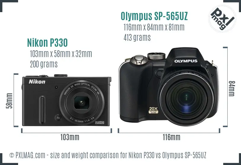 Nikon P330 vs Olympus SP-565UZ size comparison