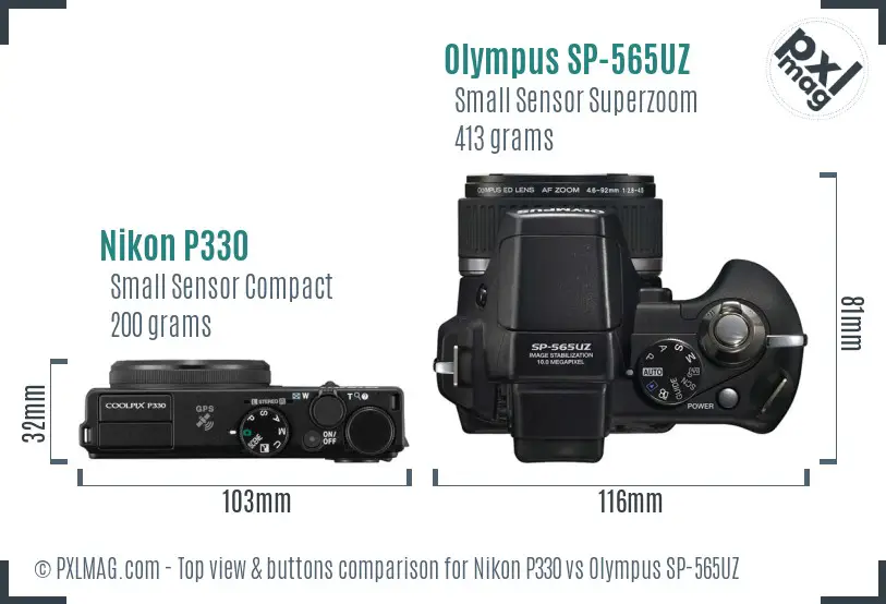 Nikon P330 vs Olympus SP-565UZ top view buttons comparison