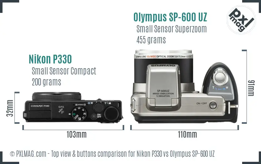 Nikon P330 vs Olympus SP-600 UZ top view buttons comparison