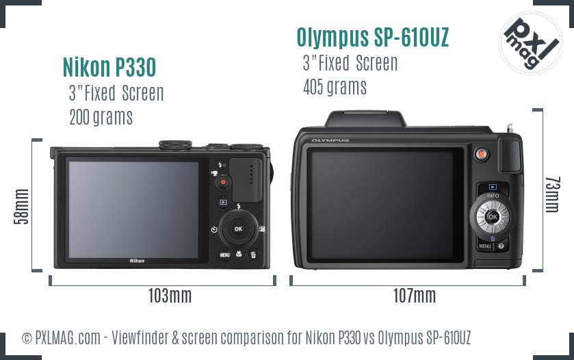 Nikon P330 vs Olympus SP-610UZ Screen and Viewfinder comparison