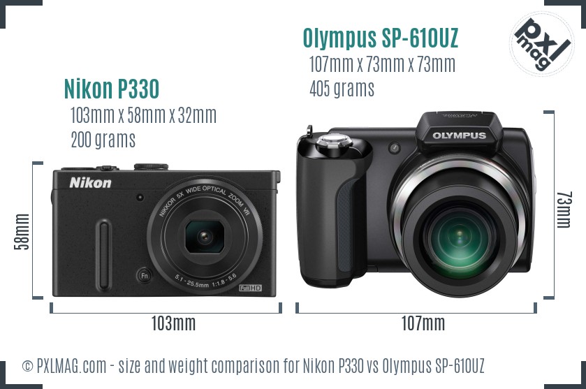Nikon P330 vs Olympus SP-610UZ size comparison Nikon P330 vs Olympus SP-610UZ size comparison