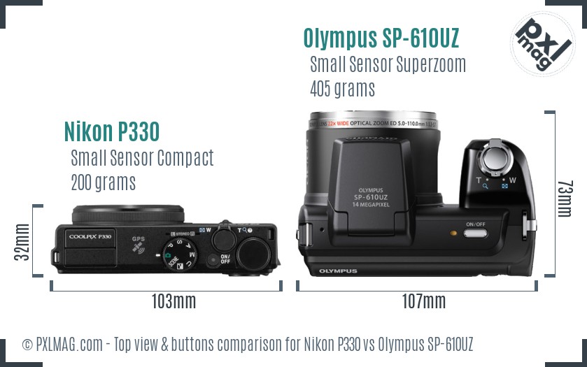 Nikon P330 vs Olympus SP-610UZ top view buttons comparison
