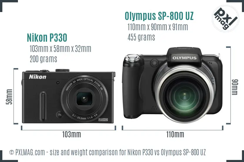 Nikon P330 vs Olympus SP-800 UZ size comparison