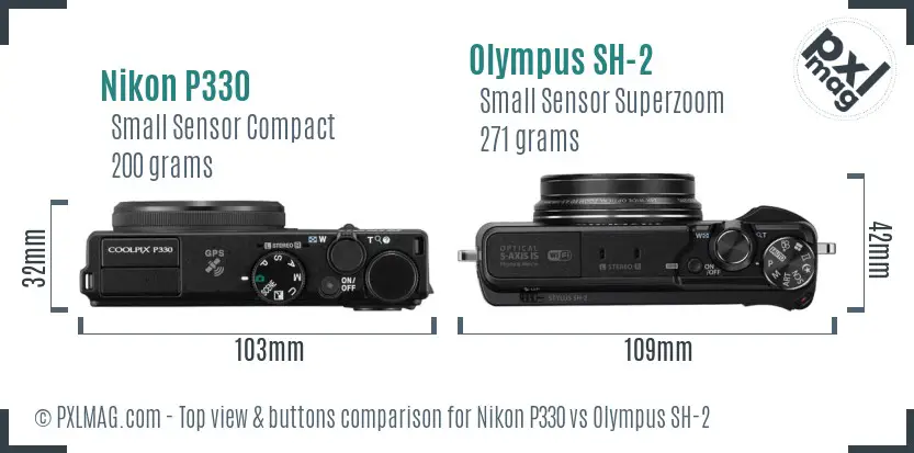 Nikon P330 vs Olympus SH-2 top view buttons comparison Nikon P330 vs Olympus SH-2 top view buttons comparison