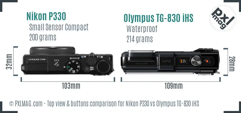 Nikon P330 vs Olympus TG-830 iHS top view buttons comparison Nikon P330 vs Olympus TG-830 iHS top view buttons comparison