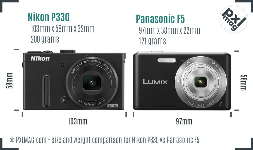 Nikon P330 vs Panasonic F5 size comparison